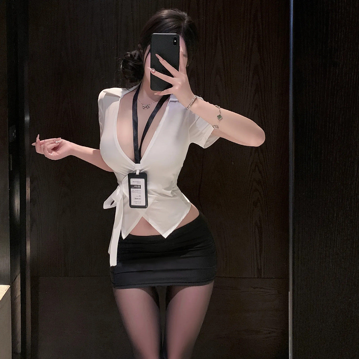 性感风秘书制服套装女夏V领绑带收腰包臀裙OL风御姐cos火辣睡裙