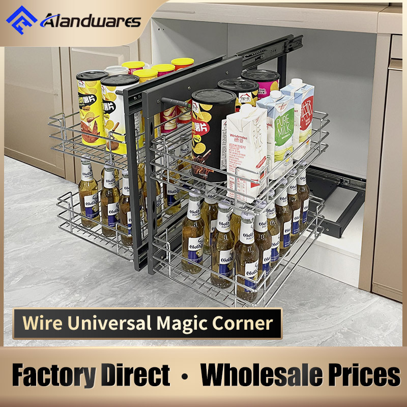 Kitchen cabinet pull-out basket with built-in shelf, left an