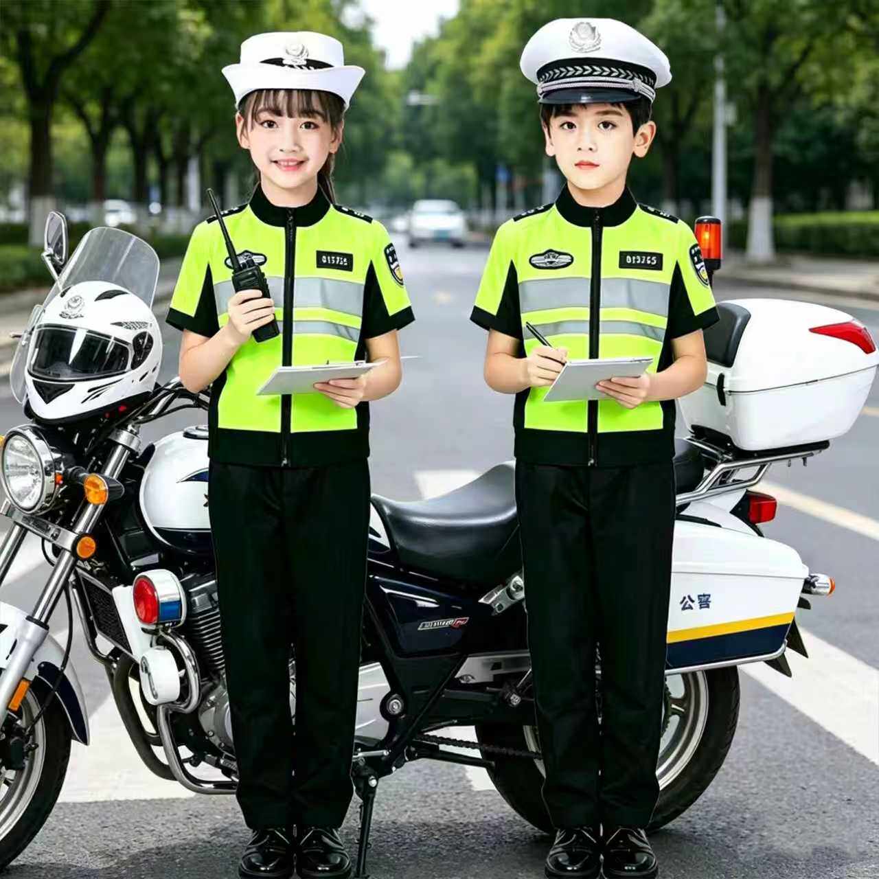 元旦儿童节礼物儿童交警制服套装夏季荧光绿骑行服幼儿园表演服装