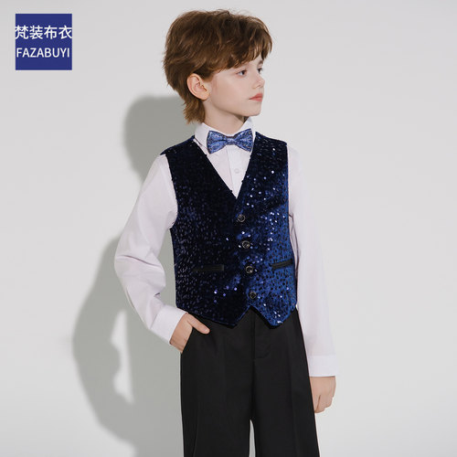 儿童西装套装马甲亮片法式帅气优雅绅士学院风花童礼服男童小西服