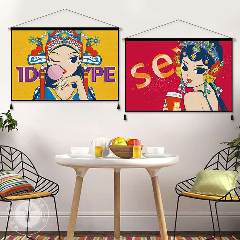 国潮美女布艺挂画京剧戏曲人物挂毯民宿背景布挂布新中式装饰画布图片