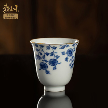 主人杯茶杯景德镇非遗蔡文娟小雏菊青花瓷描金陶瓷杯家用功夫茶具