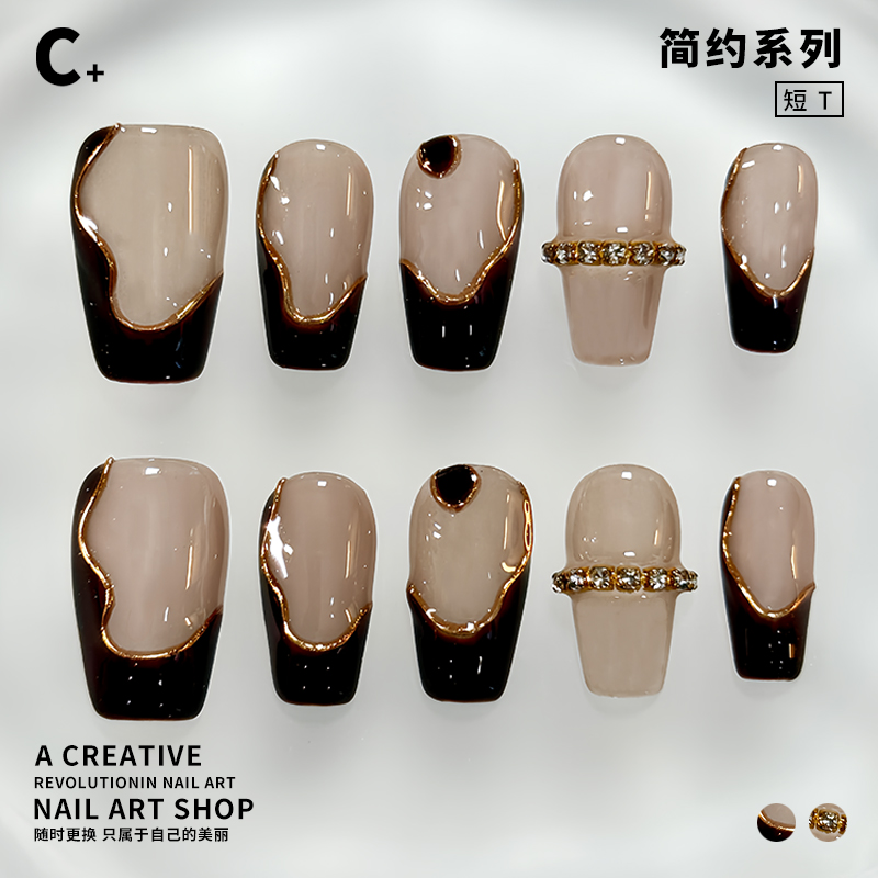 C+午夜酒杯 美甲穿戴甲不规则法式酒红色戒指款简约高级手工短甲