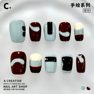 纯手工ins小众原创 美甲穿戴甲不规则蓝棕色印象派个性 天空绘本