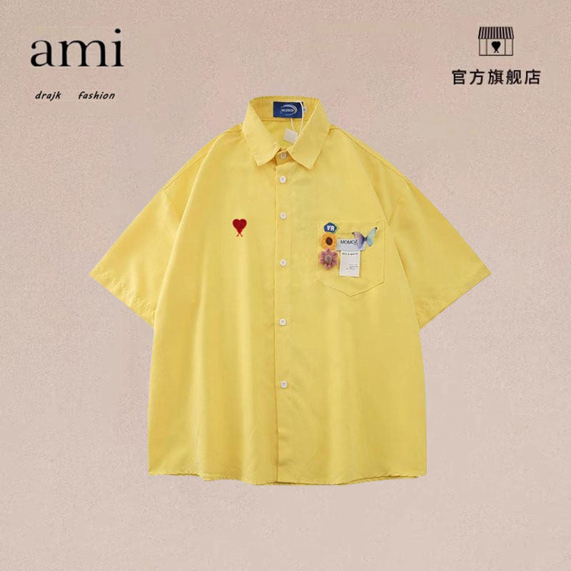 正品AMI DRAJK夏季原宿风蝴蝶口袋短袖衬衫潮牌宽松情侣休闲衬衣