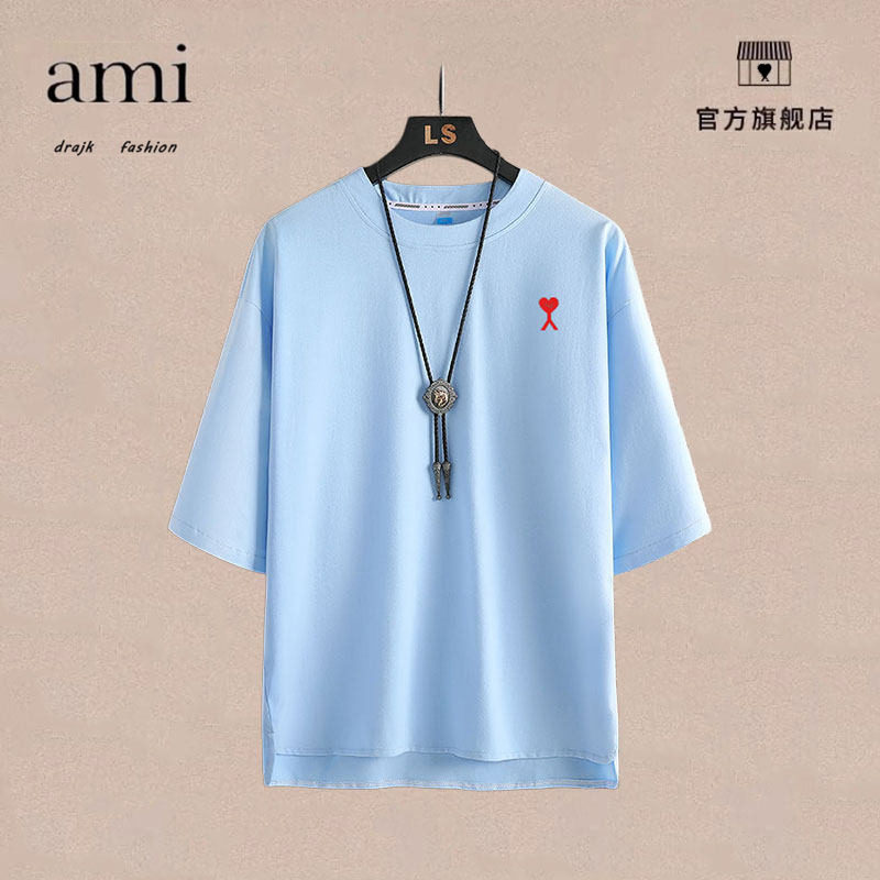 正品AMI DRAJKT恤休闲夏季七分袖上衣服男半袖宽松潮牌百搭体恤衫