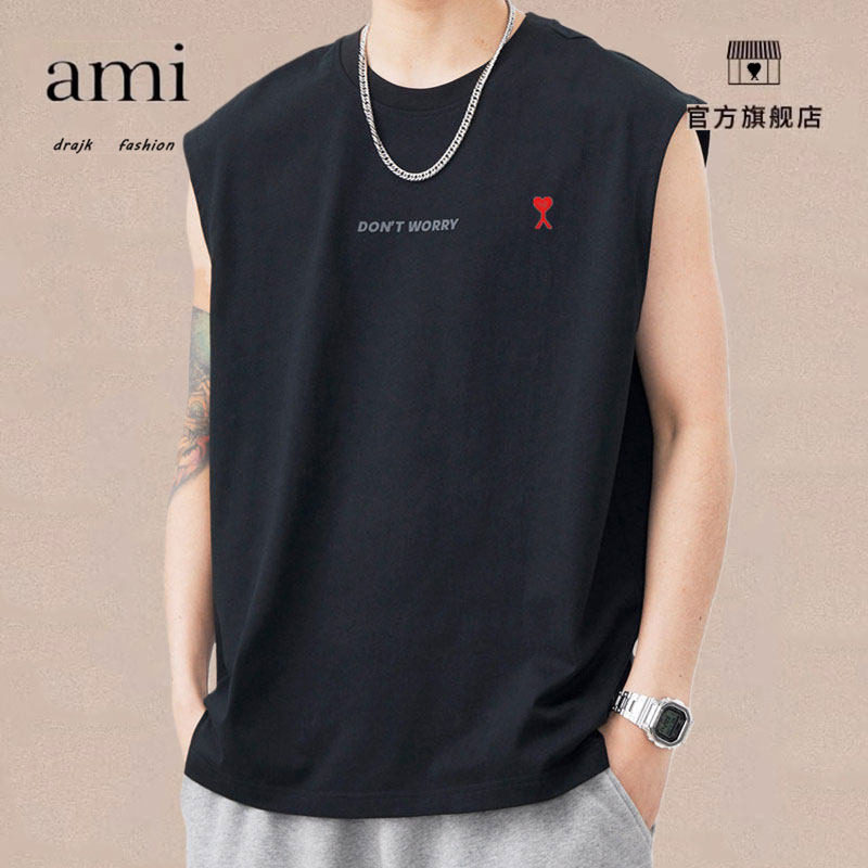 正品AMI DRAJK重磅无袖t恤男宽松圆领背心马甲休闲百搭坎肩上衣