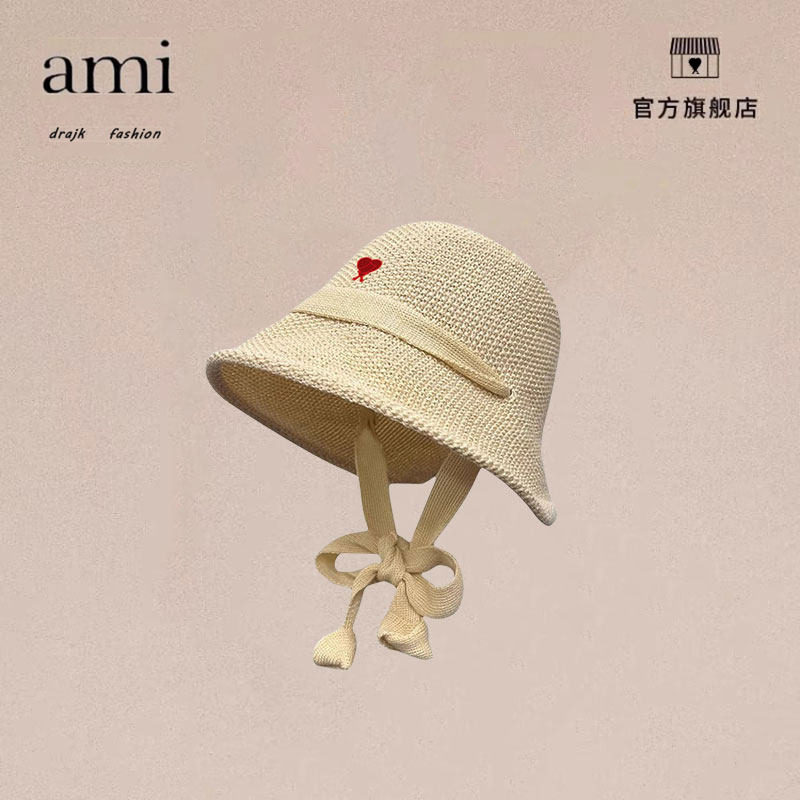 正品AMI DRAJK女士飘带草帽度假遮阳防晒复古文艺棉麻系带渔夫帽