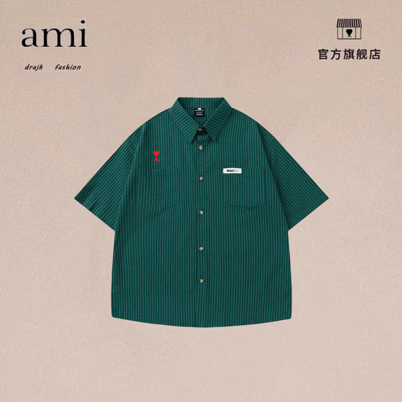 正品AMI DRAJK日系竖条纹短袖衬衫男士夏季宽松潮百搭衬衣情侣女