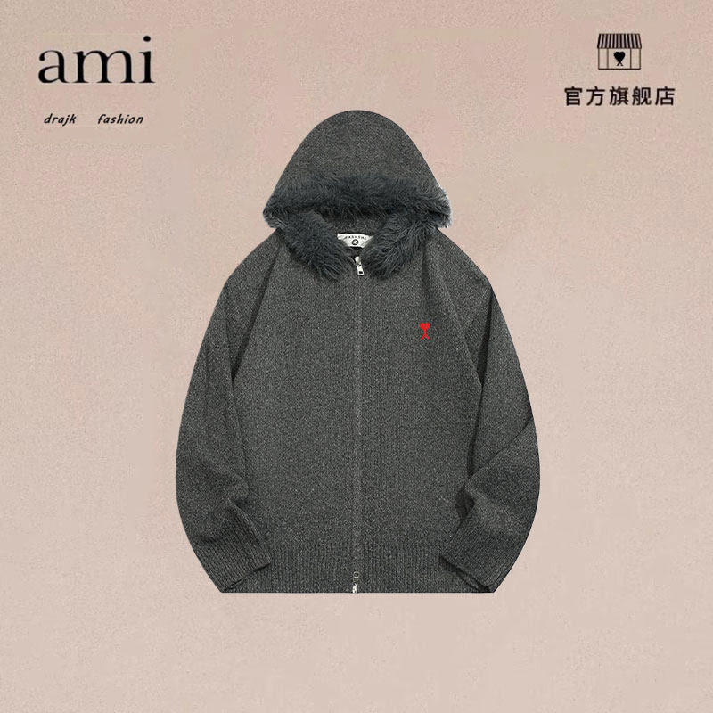 正品AMI DRAJK毛领连帽拉链开衫秋冬简约时尚毛衣宽松针织毛衣