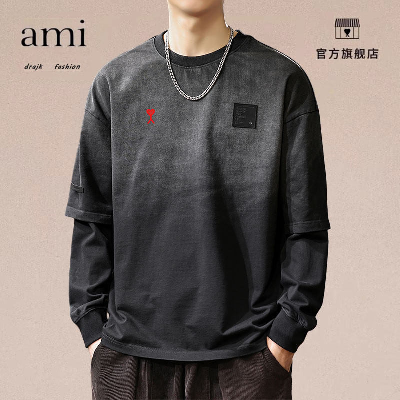 正品AMI DRAJK美式重磅水洗复古长袖T恤男秋季新款假两件脏染渐变,男装,短裤,淘宝优惠券,粉丝福利购,淘宝优惠卷