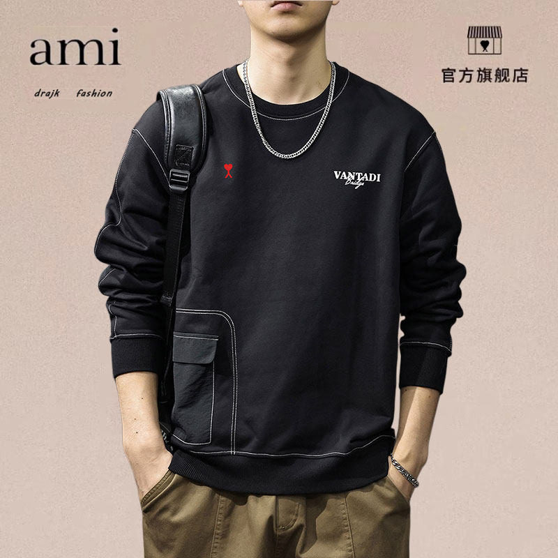 正品AMI DRAJK秋季设计感拼接口袋卫衣男士上衣美式潮牌印花内搭