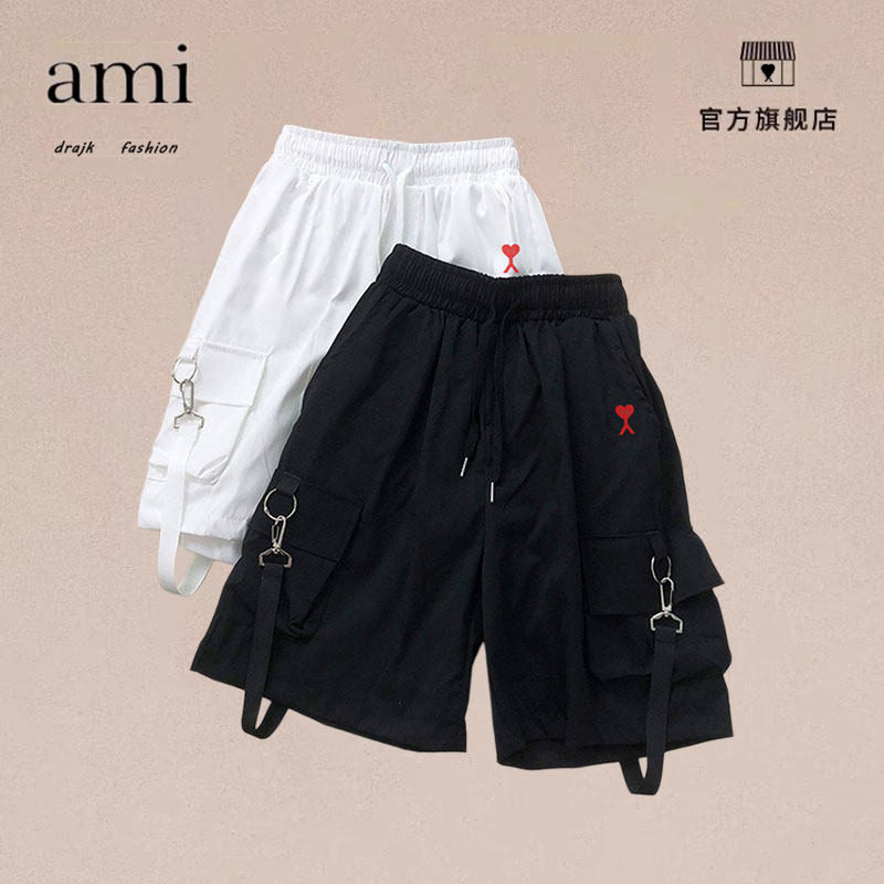 正品AMI DRAJK工装飘带短裤男高街潮牌宽松多口袋五分裤薄款休闲