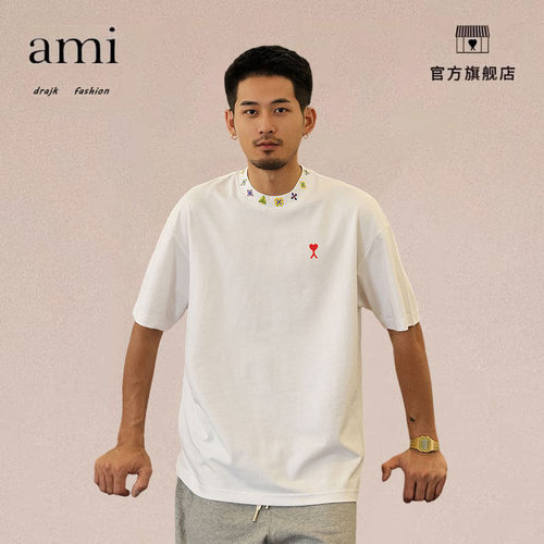 正品AMI DRAJK重磅短袖男圆领简约刺绣t恤美式潮牌休闲宽松上衣