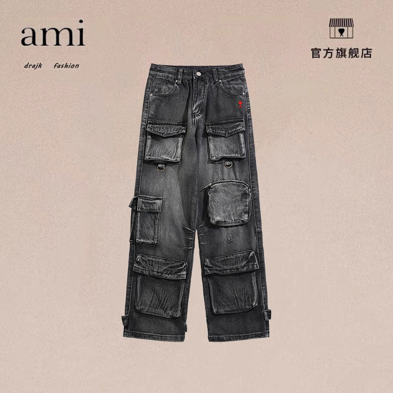 正品AMI DRAJK欧美多口袋工装牛仔裤做旧街头亚比风阔腿拖地裤男