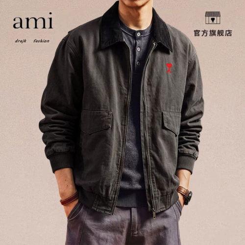 正品AMI DRAJK美式复古撞色翻领工装夹克男秋季宽松休闲百搭外套