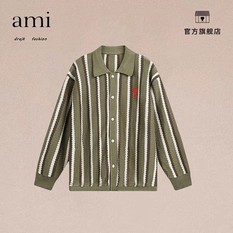 正品AMI DRAJK男春秋复古条纹高纽扣开衫翻领毛衣休闲针织衫外套