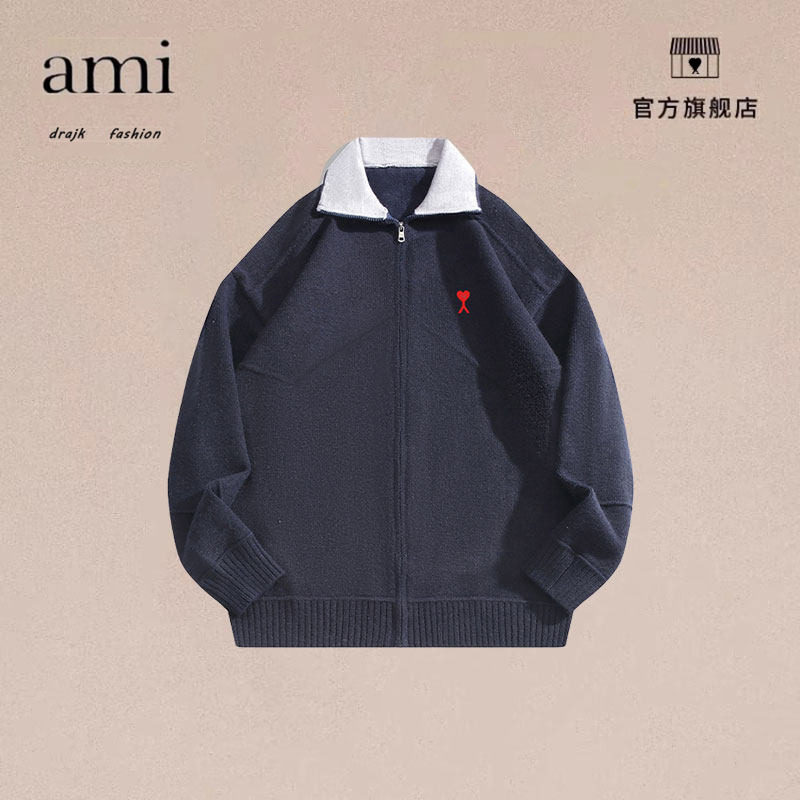 正品AMI DRAJK撞色翻领针织开衫男秋季宽松拉链时尚潮毛衣外套