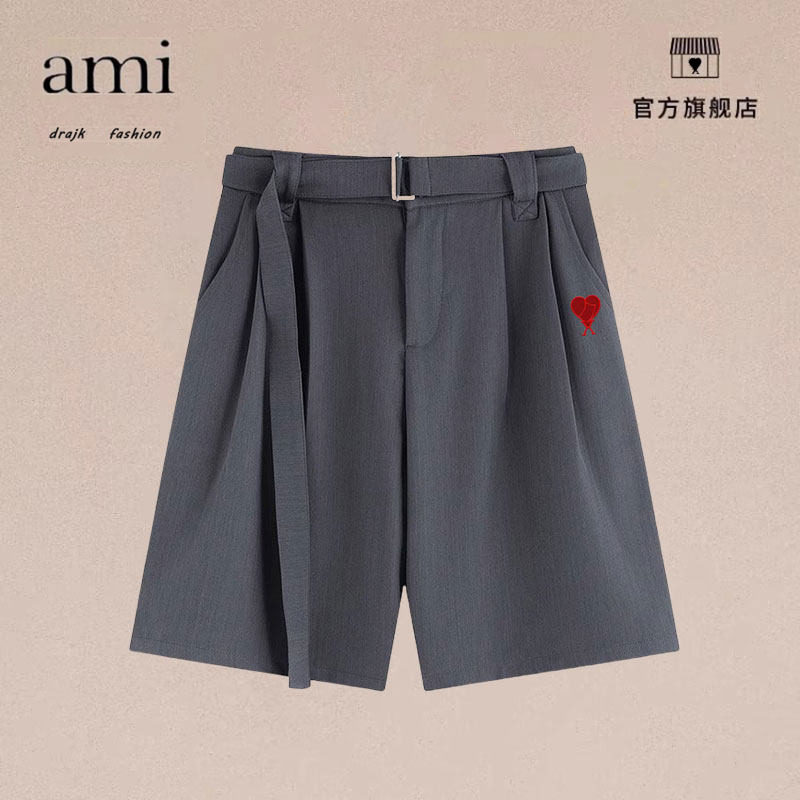 正品AMI DRAJK夏季高级感腰带直筒西装短裤男宽松百搭阔腿五分裤