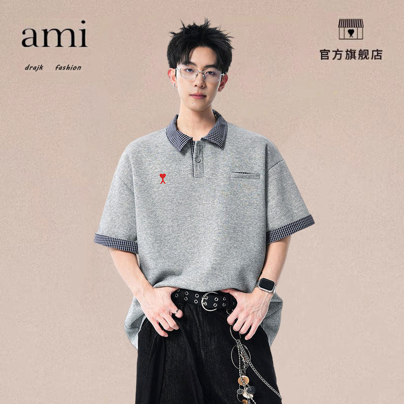 正品AMI DRAJK潮夏季格子拼接短袖POLO衫男美式复古宽松半袖体恤