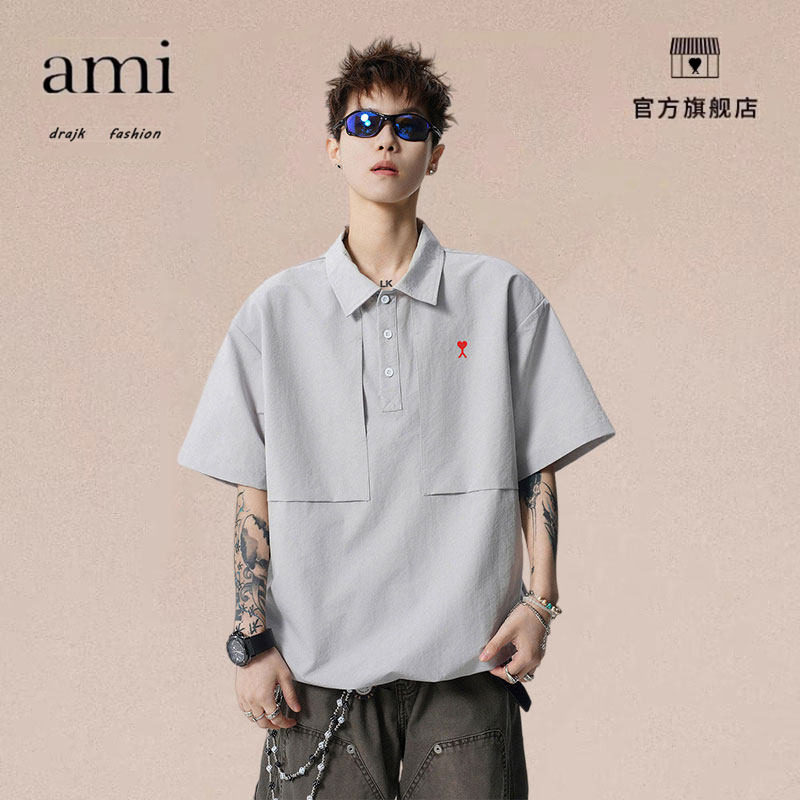 正品AMI DRAJK夏季户外纽扣POLO领短袖T恤男潮牌宽松百搭休闲上衣