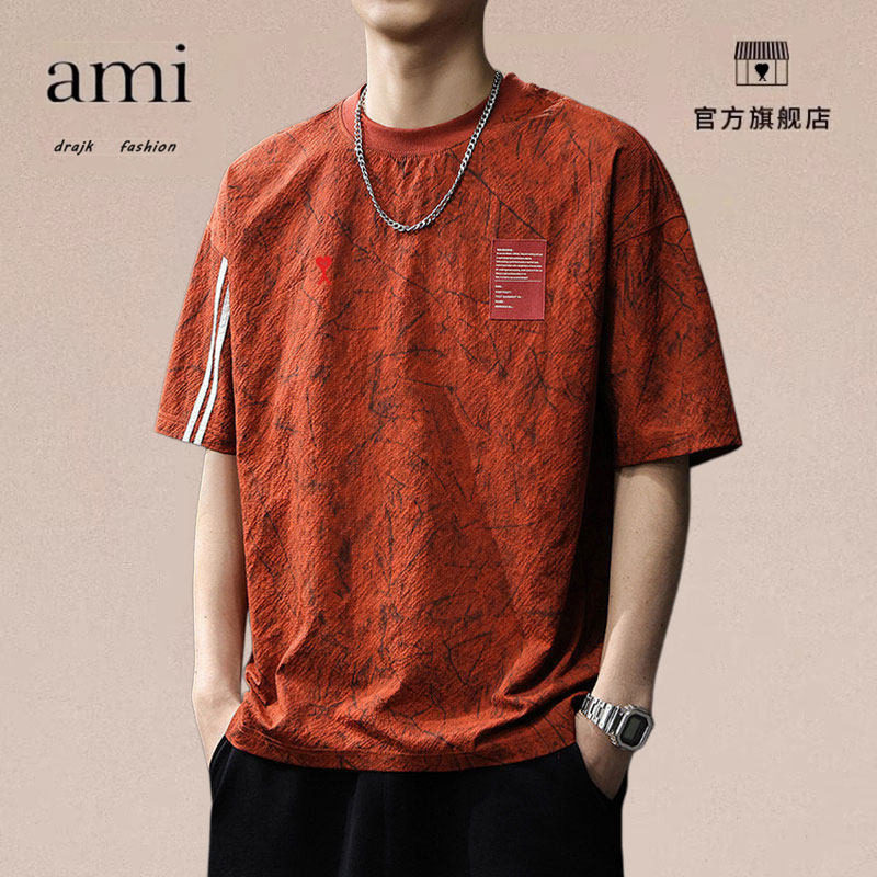 正品AMI DRAJK美式复古宽松短袖T恤男夏季薄款凉感速干条纹五分袖