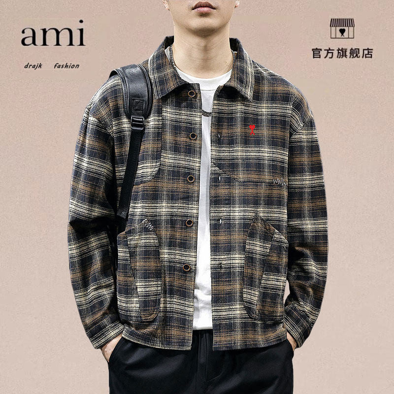 正品AMI DRAJK休闲纯格子衬衫男秋季翻领宽松长袖工装衬衣外套,男装,短裤,淘宝优惠券,粉丝福利购,淘宝优惠卷