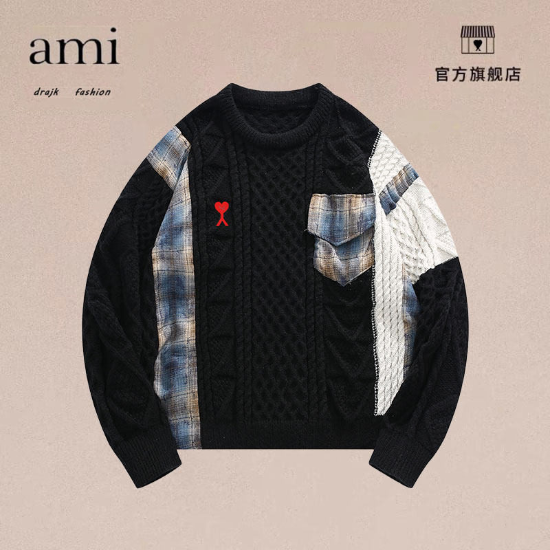 正品AMI DRAJK秋冬街头拼接麻花毛衣帅气撞色设计感情侣针织衫男