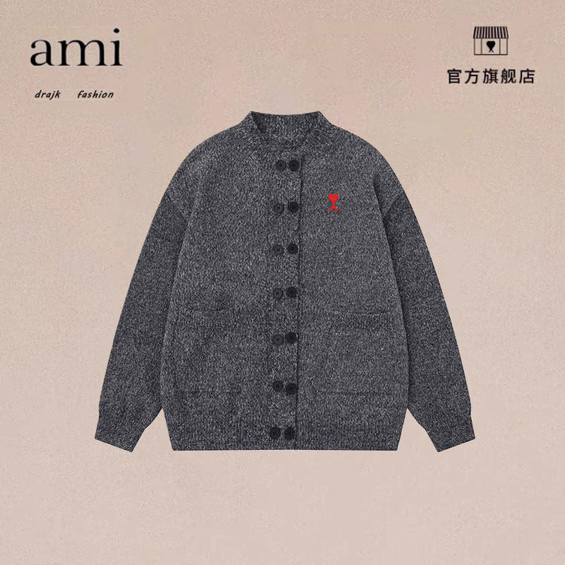 正品AMI DRAJK复古高级感双纽扣开衫立领毛衣男潮宽松针织衫外套