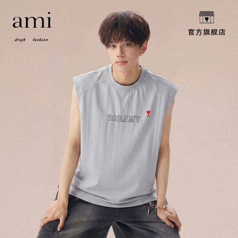 正品AMI DRAJK美式字母刺绣圆领无袖T恤男夏季宽松运动背心汗衫