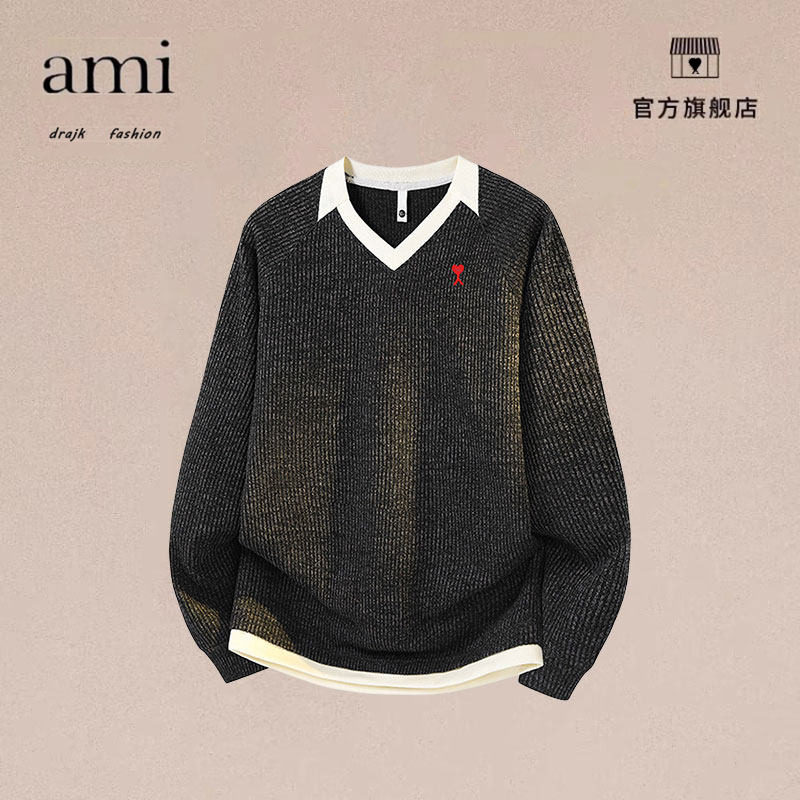 正品AMI DRAJK假两件V领卫衣男春秋季宽松大码百搭上衣休闲打底衫