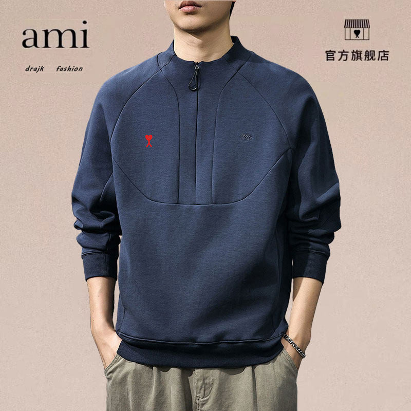 正品AMI DRAJK重磅美式半拉链圆领卫衣男秋新款潮牌宽松休闲上衣