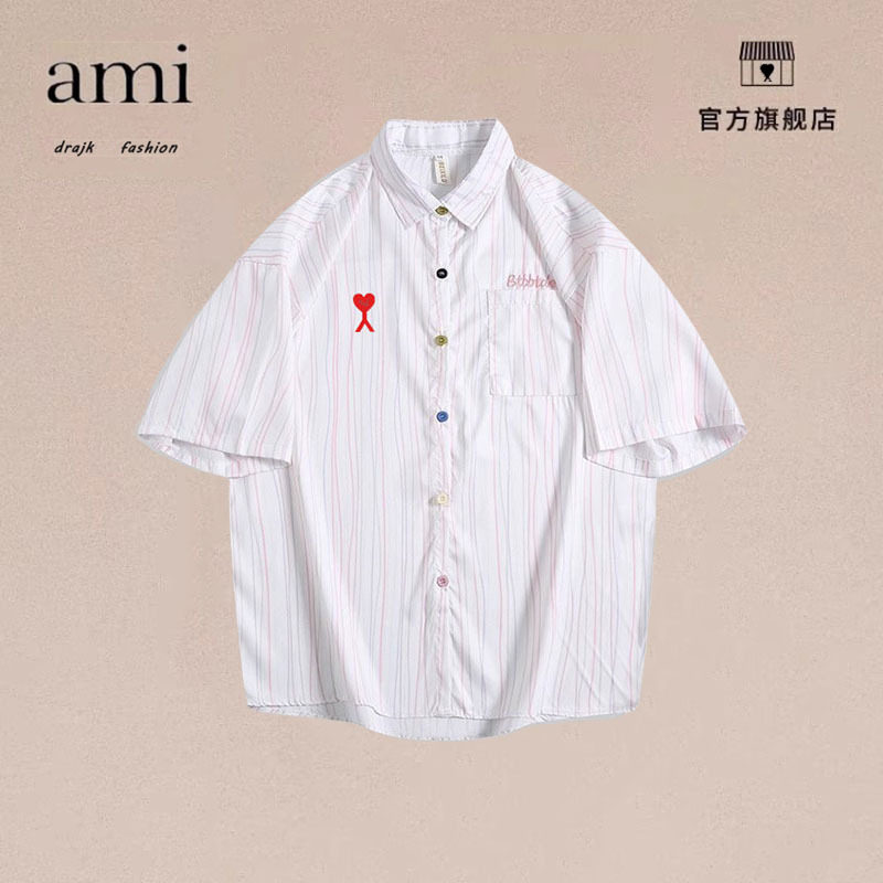 正品AMI DRAJK夏季日港风彩色条纹衬衫学生清爽百搭休闲短袖衬衣