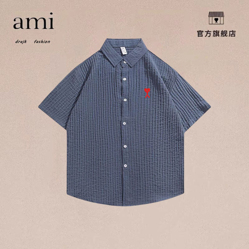 正品AMI DRAJK夏季潮流提花条纹衬衫短袖轻熟风宽松日系纯色衬衣
