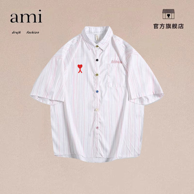 正品AMI DRAJK夏季日港风彩色条纹衬衫学生清爽百搭休闲短袖衬衣
