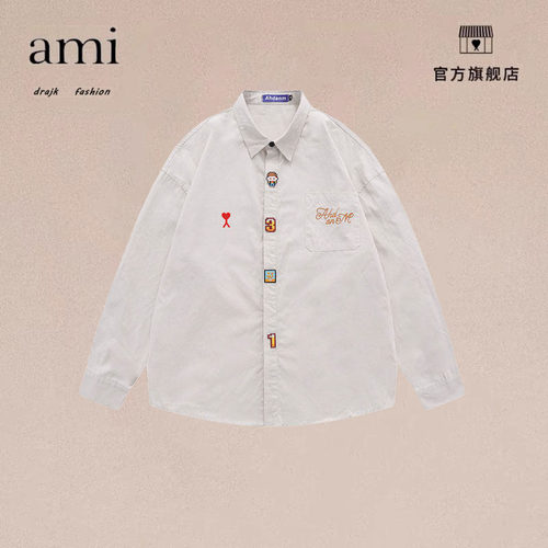 正品AMI DRAJK复古潮牌简约刺绣长袖衬衫日系宽松百搭休闲衬衣