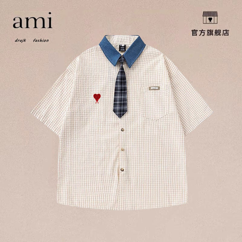 正品AMI DRAJK美式潮牌格子撞色翻领短袖衬衫男夏季百搭领带衬衣
