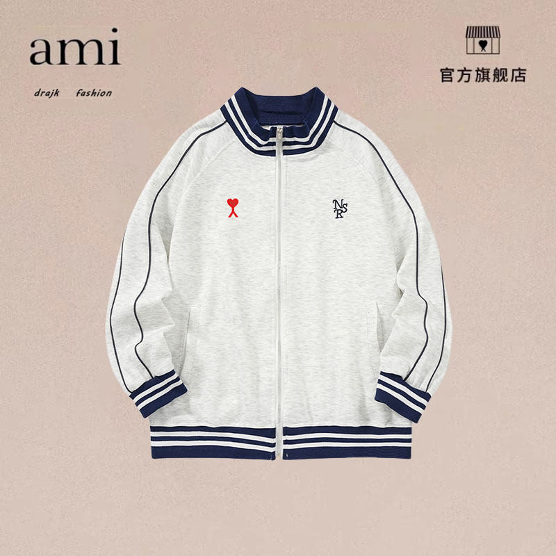 正品AMI DRAJK日系复古条纹棒球服加绒外套男士运动夹克休闲卫衣