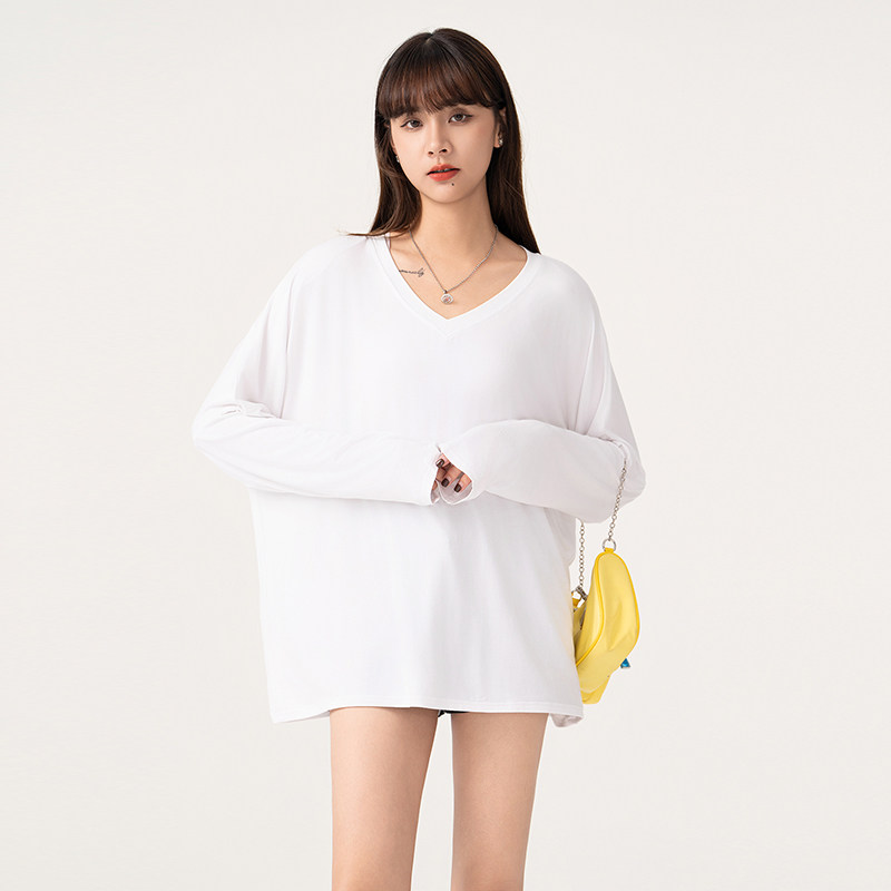 莫代尔长袖t恤女春夏宽松显瘦高弹打底衫内搭v领慵懒风防晒上衣