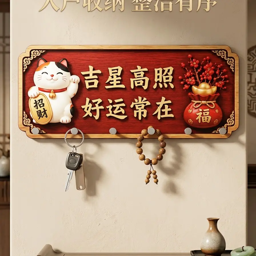 免打孔木制招财猫玄关钥匙收纳
