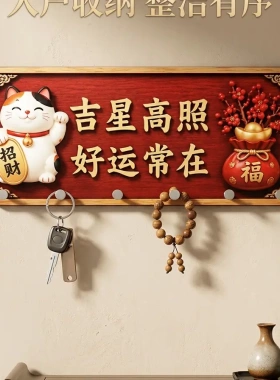 免打孔木制招财猫玄关钥匙收纳