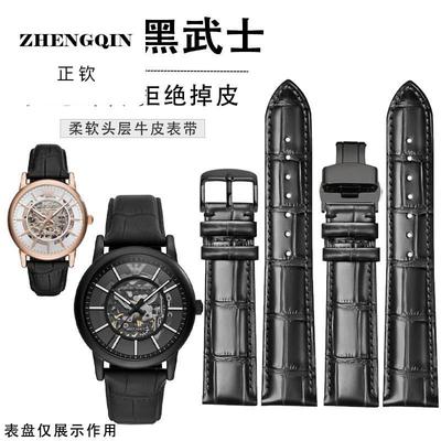 适用阿玛尼黑武士真皮牛皮手表带男AR60008 60007 60012黑色表链