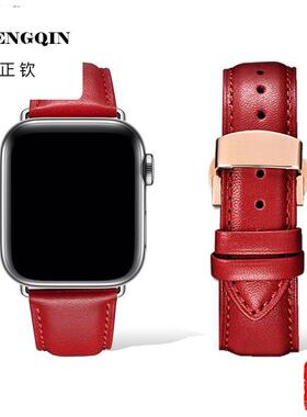 适用fxi 红色苹果表带真皮applewatch表带苹果iwatchs987654S10代