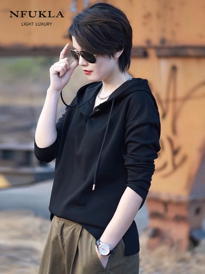 连帽卫衣女宽松百搭上衣2025春秋季新款大码长袖帽衫套头女士t恤