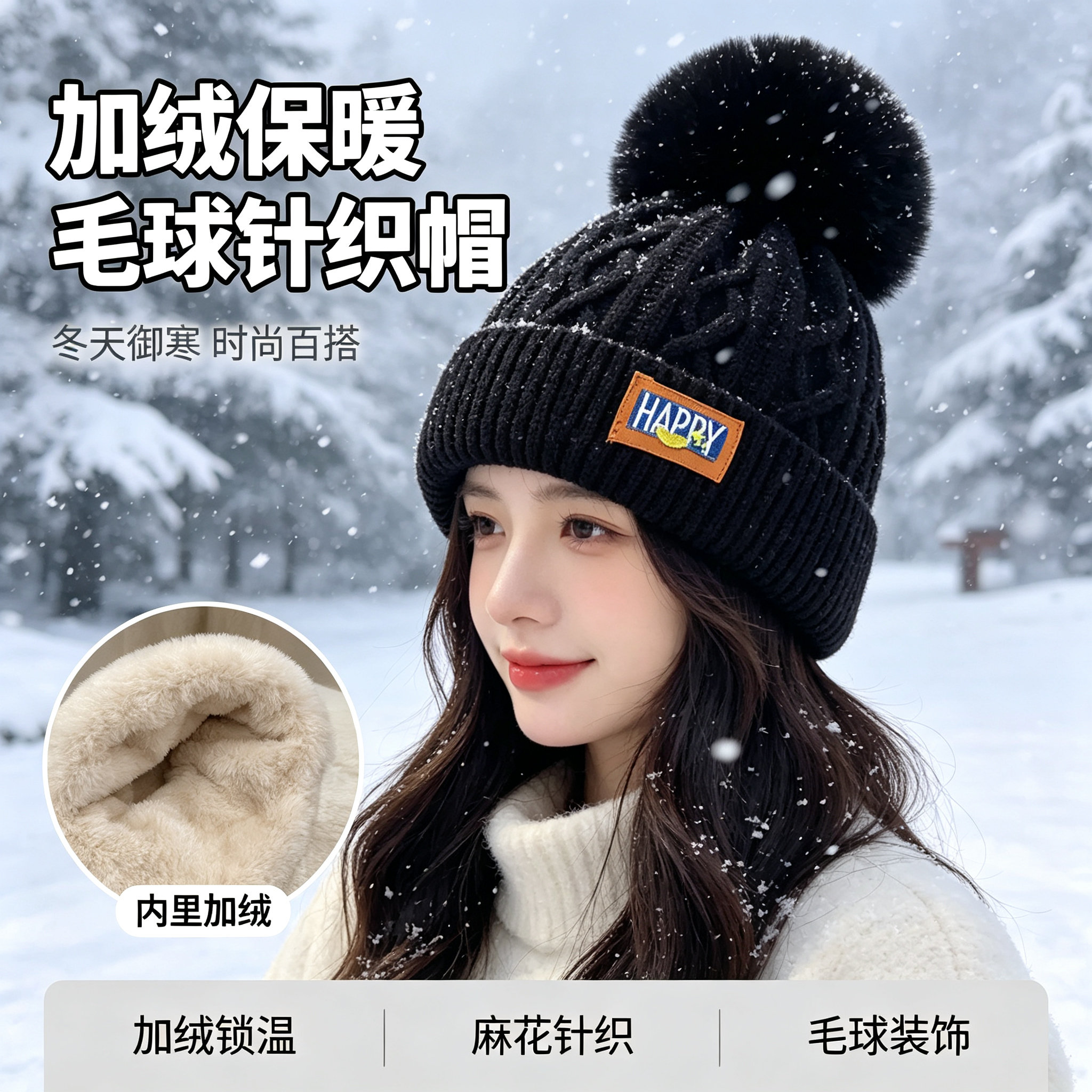 冬季女加绒加厚护耳毛球针织帽