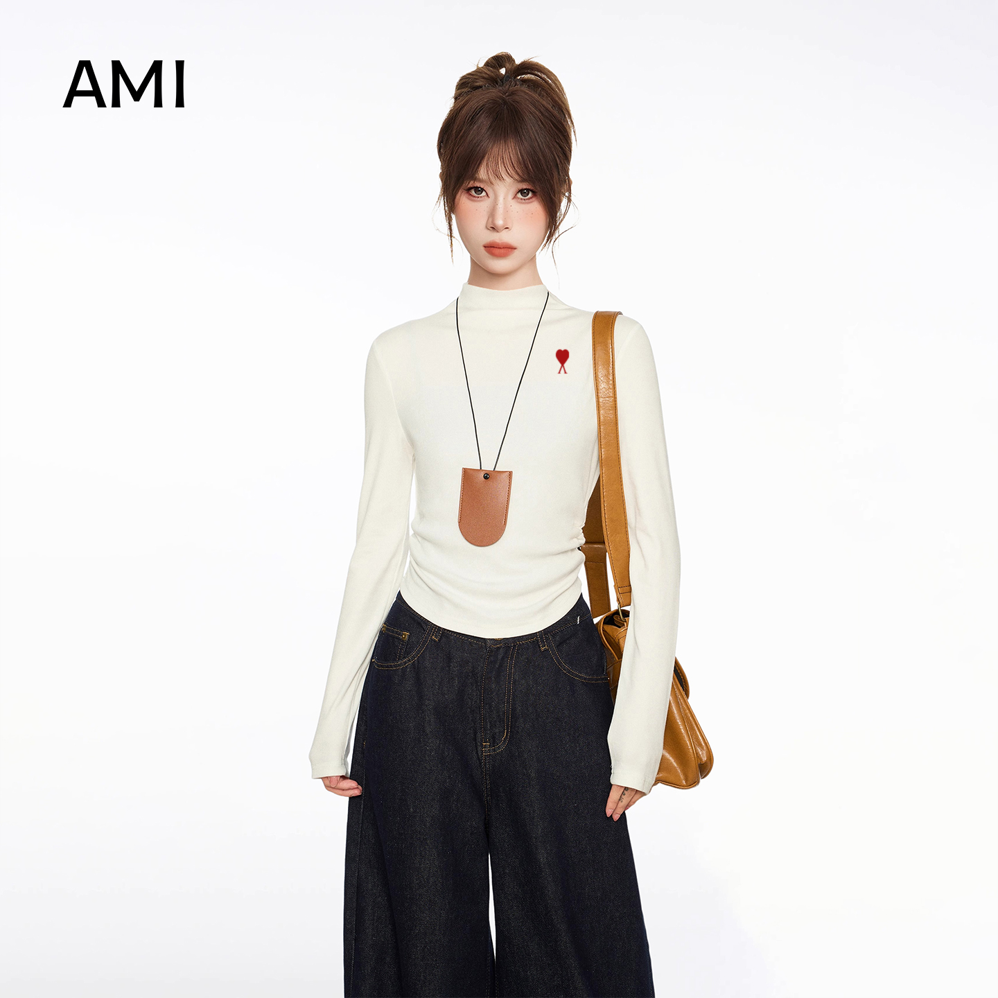 AMI美式白色半高领内搭打底衫女春秋新款修身收腰长袖t恤短上衣