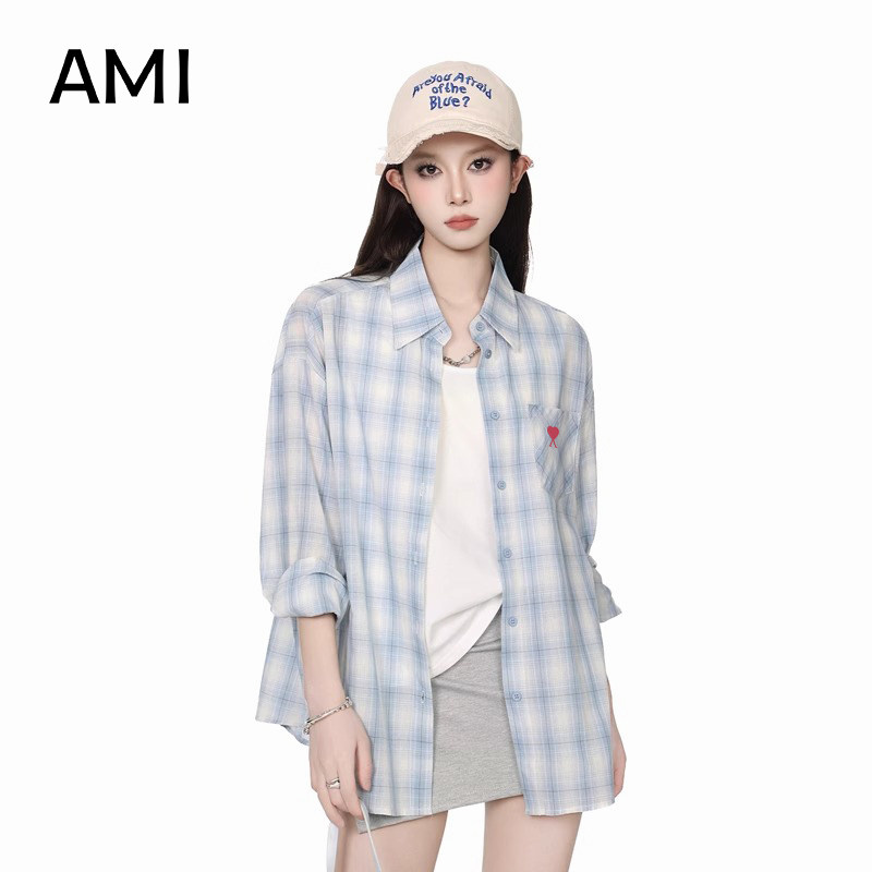 AMI美式蓝色格子防晒衬衫女春秋新款正品翻领宽长袖松显瘦上衣
