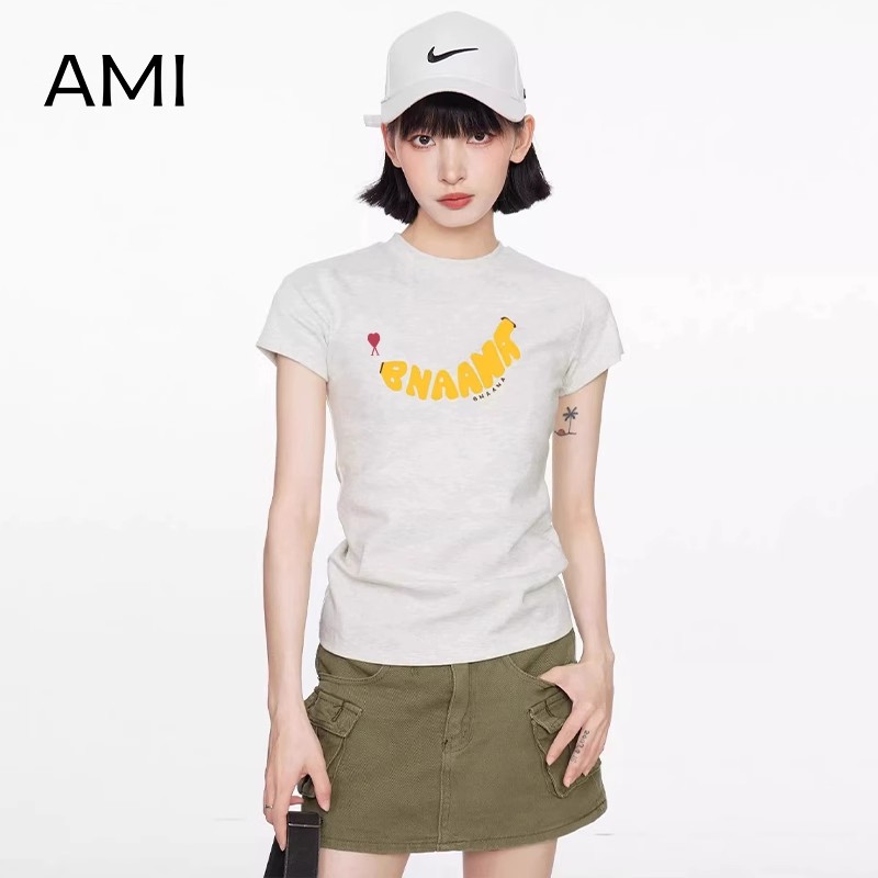 AMI美式灰白色印花短袖t恤女夏季款潮牌正品设计感紧身显瘦上衣潮