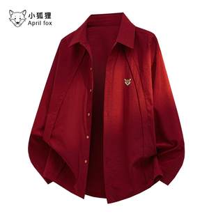 宽松衬衣休闲外套上衣翻领 男秋2025新款 英国小狐狸中国红长袖 衬衫