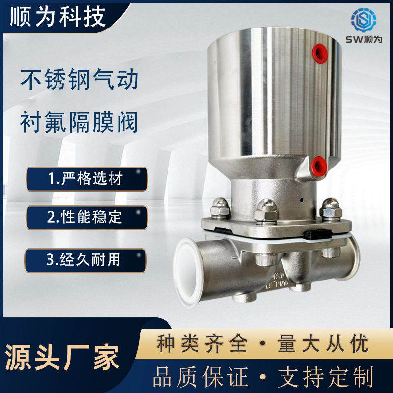 顺为流体卫生级不锈钢316L内衬四氟快装隔膜阀双作用自控卡盘衬氟
